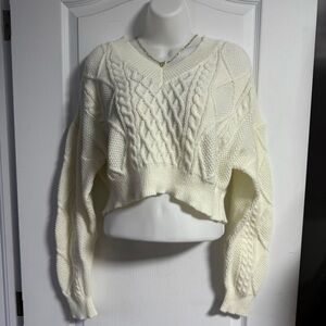 Vintage V neck Cropped Cream Cable Knit Sweater